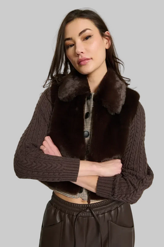 Maia Cropped Fur Cabled Sleeves Sweater