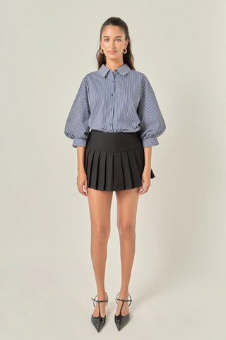 Striped Button Up Puff Sleeve Shirt Navy