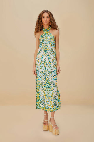 Tropical Tapestry Off-White Halter Neck Maxi Dress