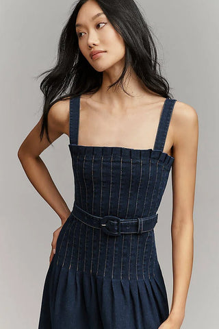 Spaghetti Strap Self Belt Midi Dress - Indigo