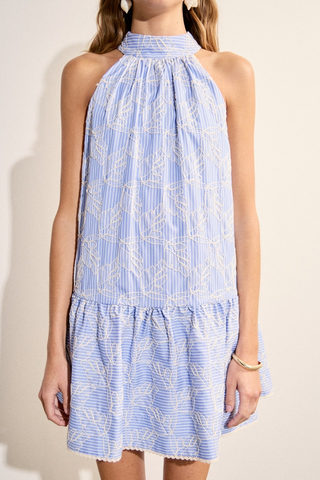 Stripe with embroidery halter mini dress