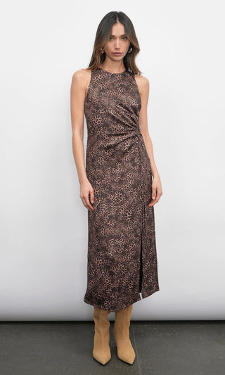 Marli Ruched Tie Front Midi Dress - Leopard
