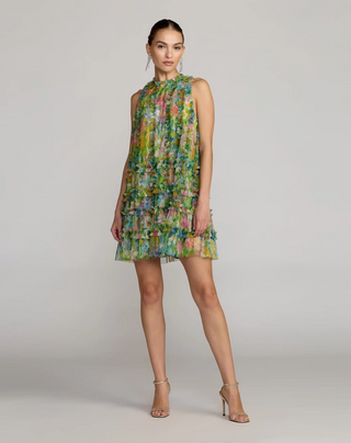 Sleeveless High Neck Printed Mesh Mini Dress