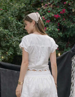 Short Sleeve Open Front Self Tie Top - Off White