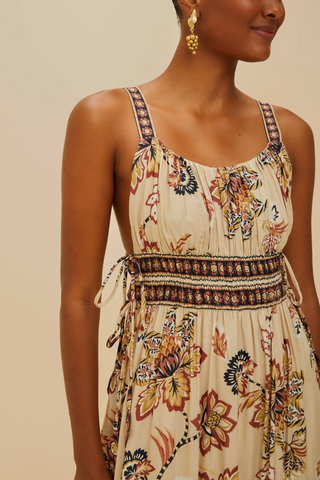 Aura Floral Sand Sleeveless Midi Dress