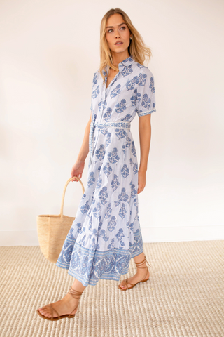 Short Sleeve Shirt Dress - Indigo Striped Hollyhock