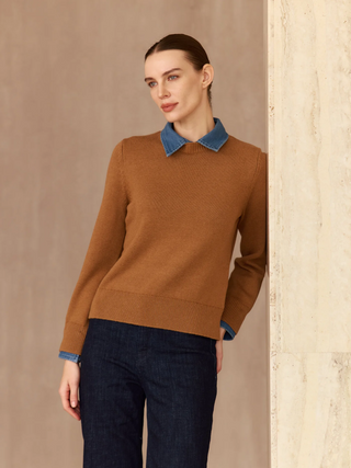 Denim Trim Cotton Crew Sweater