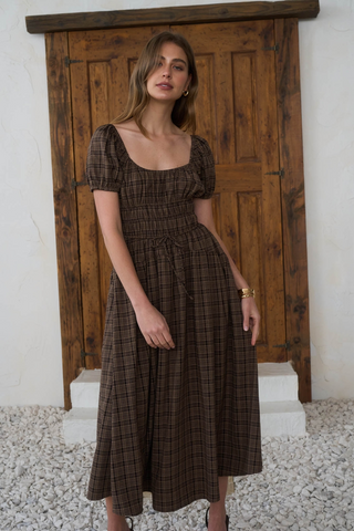 Plaid Shirred Puff Sleeve Front Tie Midi Dress - Mocha Multi
