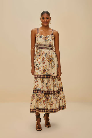 Aura Floral Sand Sleeveless Midi Dress