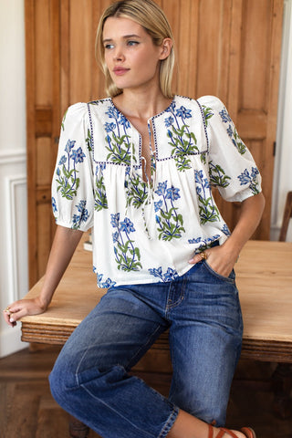 Puff Isla Top Blue Flowers