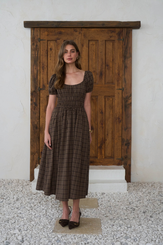 Plaid Shirred Puff Sleeve Front Tie Midi Dress - Mocha Multi