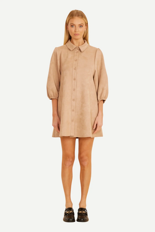 Camel Faux Suede Camel Exagerated Sleeve Dress