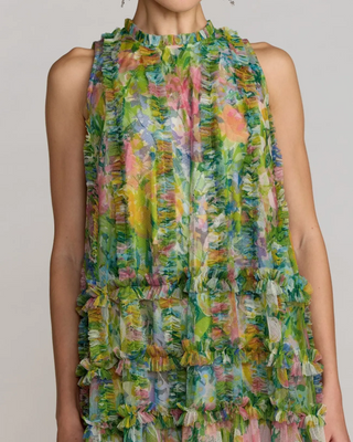 Sleeveless High Neck Printed Mesh Mini Dress