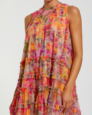 Sleeveless High Neck Printed Mesh Mini Dress