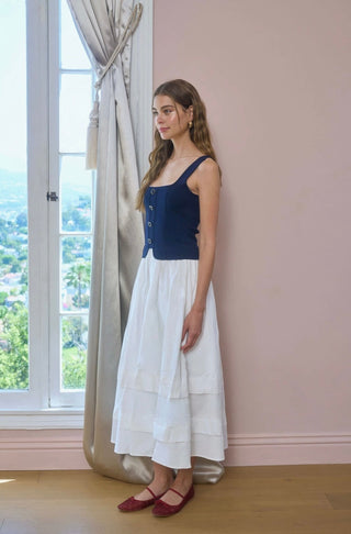 Square Neckline Top Mixed Media Midi Dress - Navy